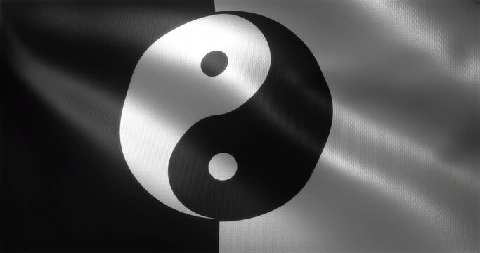 Yin Yang Flag, Chinese YinYang Flag with waving folds, close up view, 3D rendering