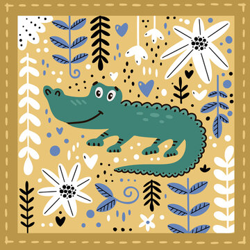 Cute illustration with a crocodile drawn by hand. Floral ornament. Card with animals