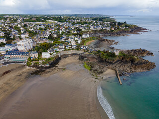 Aerial view of Saint-Quay-Portrieux beach, Cotes d'Armor, Brittany, France