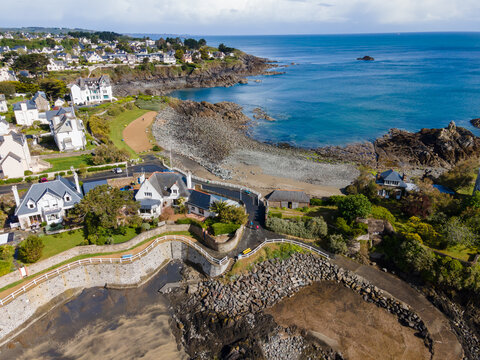 Aerial view of Saint-Quay-Portrieux beach, Cotes d'Armor, Brittany, France
