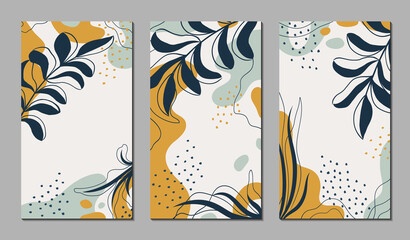 Botanical art. Abstract organic vector shapes, leaves, branch, plants. Set of natural template in doodle style for social media post, cover, poster, stories, background. Modern graphics for business