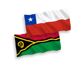 National vector fabric wave flags of Republic of Vanuatu and Chile isolated on white background. 1 to 2 proportion.