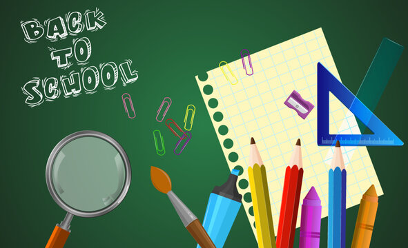 School Supplies Set with Colorful Pencil and Crayons, Back to School Vector Graphic Design 