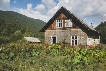 Old abandoned wooden village house surrounded by green forest in the Carpathian mountains, Burkut, Ukraine