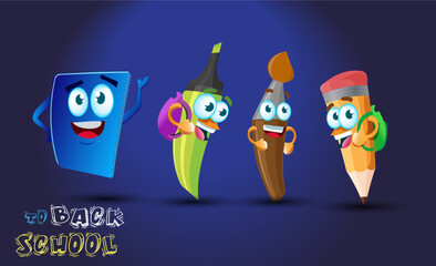 funny school supply cartoon character back to school design concept 