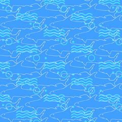 Hand drawn seamless pattern with line sharks and geometric forms isolated on blue background. Modern ornament. Vector illustration.