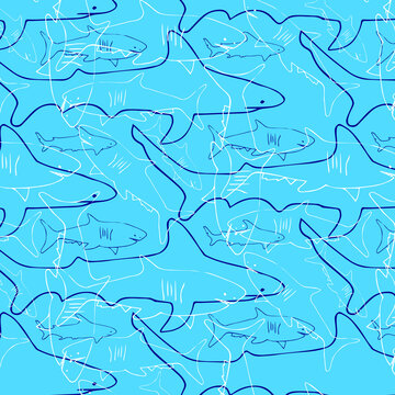 Seamless pattern with sharks line art isolated on blue background. Vector illustration. Underwater animal in doodle style.