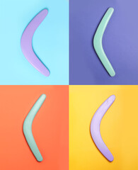 Collage with photos of boomerangs on different color backgrounds, top view