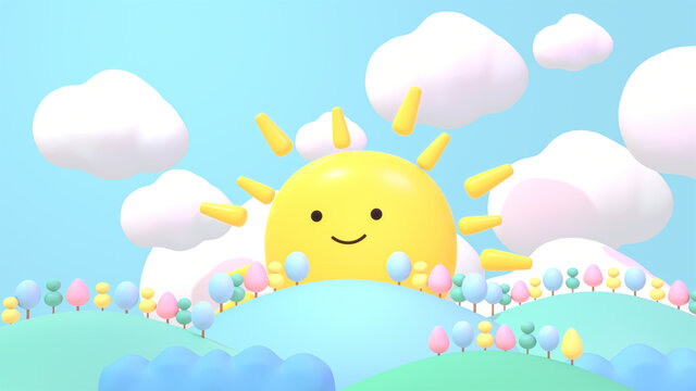 Cartoon cute smiling sun and colorful trees on the hills. 3d rendered picture.