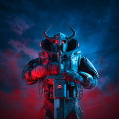 Futuristic viking warrior - 3D illustration of science fiction barbarian robot knight with horned helmet and battle sword against dark ominous sky - obrazy, fototapety, plakaty