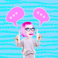 Funny collage scene.  Comic Girl character and comment icon. Social networks, promotion concept, courses, coaching