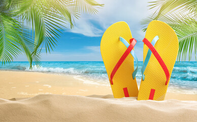 Fototapeta na wymiar Yellow flip flops on sandy beach near sea