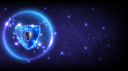 Futuristic glowing sphere of hologram padlock with keyhole-shield in personal data security. Cyber safety data or information privacy. Abstract technology background