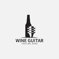 music and wine logo design template. vector illustration of wine bottle icon and guitar icon concept. bar, studio, party club, restaurant symbol icon
