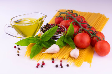 Products ingredients for italian pasta on a white background.	