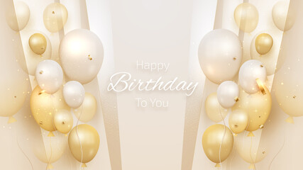 Happy birthday card with luxury balloons and ribbon 3d style realistic on cream shade background. vector illustration for design.