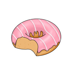 Hand draw illustration pink donut.American food..Sweet bakery clipart.Digital cartoon illustration.Pasty design.A collection of donuts. Sweet powdered sugar donuts. isolated on white background