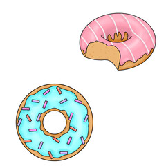 Hand draw illustration blue and pink donut.American food..Sweet Set bakery clipart.Digital cartoon illustration.Pasty design.A collection of donuts. Sweet powdered sugar donuts. isolated on white back