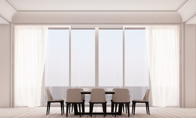 Modern classic White living and dining space with wall panels decoratel and wooden floor and big window with sheer curtain 3d rendering