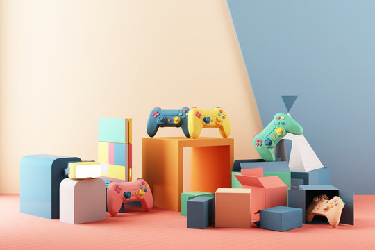 Gaming concept. gamepad and VR with video game console and minimal trendy design colorful pastel.  3d rendering
