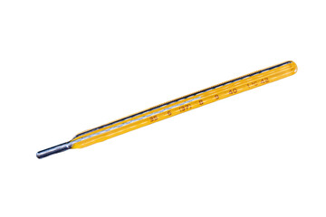 A clinical mercury thermometer on white background calibrated in celsius degrees with the indication in 38 degrees,  100,4 degrees Fahrenheit