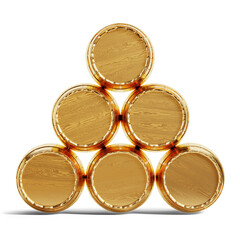 Golden barrels stacked on a white background. Clipping path included, 3d illustration