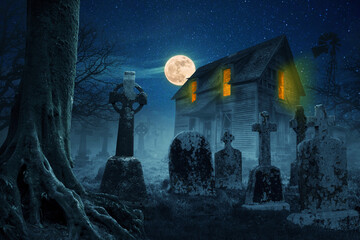 Scary house in the forest near the cemetery at night with a full moon and stars. Halloween idea...