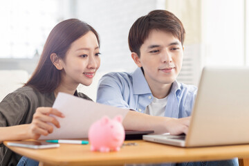 Young couple planning budget,looking at laptop screen, checking finances