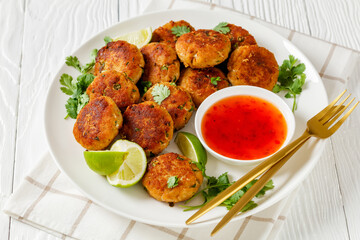 Tod man pla, thai fish cakes on a plate