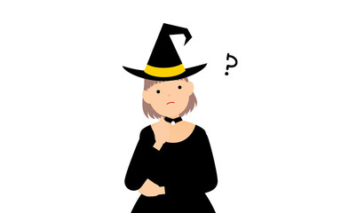 ハロウィンの仮装、魔女姿の女の子が腕組みして悩むポーズ