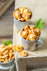 Raw chanterelles freshly picked. Noble and yellow mushrooms.
