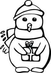 cute snowman with a hat and scarf holds a New Year's (Christmas) gift, vector 