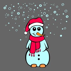 a snowman in a hat and a scarf smiling against 