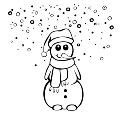 a snowman in a hat and a scarf smiling against a white background , vector 