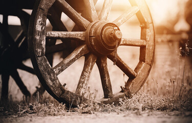 The old homemade wheels of a vintage cart stand among the wild field grass near the village buildings, illuminated by sunlight. Agricultural industry. ©  Valeri Vatel