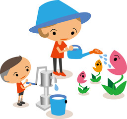 お花にお水をあげるママと井戸からお水を汲み上げるボク