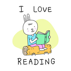 Cute Rabbit Reading Book Vector Template. I Love Reading art design. This design can be used in Kids and Children's Book Illustration, Kids Products like T-shirts and art prints.