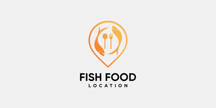 Fish food location logo design with pin point and line art style