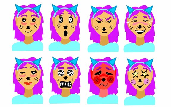 cute emoji set of cat girl with pink hair. Emotion