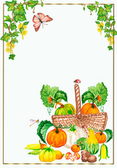 Watercolor autumn illustration orange pumpkin with green leaves, flowers with insects Butterfly, dragonfly, bee.A banner, a postcard with autumn leaves and a frame.A postcard for wedding design.