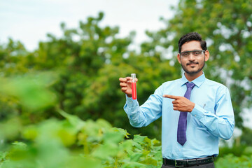 Young indian agronomist collecting sample at agriculture field.