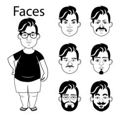 Male character for doodle video. Black and white vector image of a characters with different faces. Different men's faces for doodle videos. Coloring pages for kids.