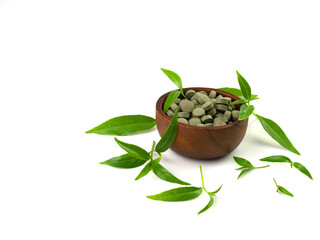 Herbs Andrographis paniculata green leaves and pills in wooden cup, isolated on white background
