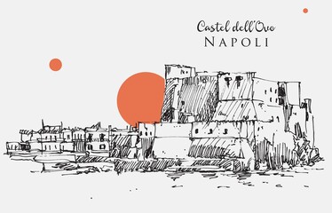 Drawing sketch illustration of Castel dell'Ovo in Naples, Italy - obrazy, fototapety, plakaty
