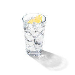 氷入りのグラスに注がれたレモンサワー。チューハイ。もしくはカクテル。添えられたレモン