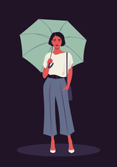 Portrait of a full-length Asian woman with an umbrella. Casual outfit. Summer evening. Vector flat illustration