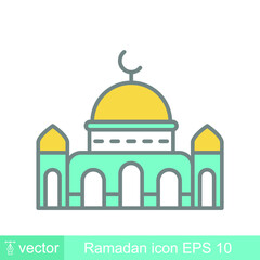 Place for muslim public worship. Building of islamic religious and prostration or prayer. Ramadan kareem, eid al-fitr mubarak. Mosque icon ramadan muslim.Vector illustration on white background.EPS10