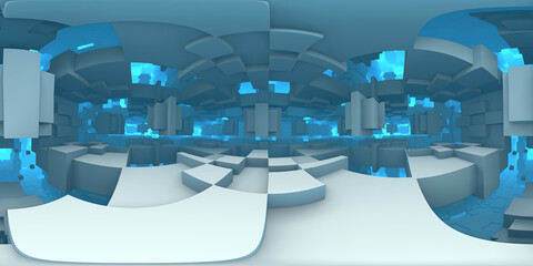 360 degree strange alien futuristic cyberpunk complex, equirectangular projection, environment map. HDRI spherical panorama. 3d illustration