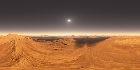 360 degree Martian dark plains and enormous dark sand dune. Equirectangular projection, environment map. HDRI spherical panorama