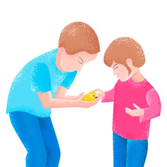 Taking care of animals. Contact zoo. Parents teach respect for animals. The older brother shows the little sister a little chick. 